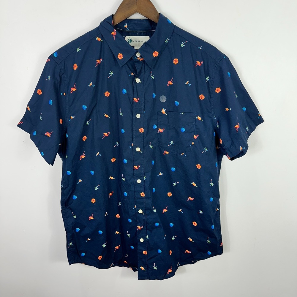 Aeropostale L Coastal Resort Flamingo Hawaiian Shirt Tropical Vacation Top NWT